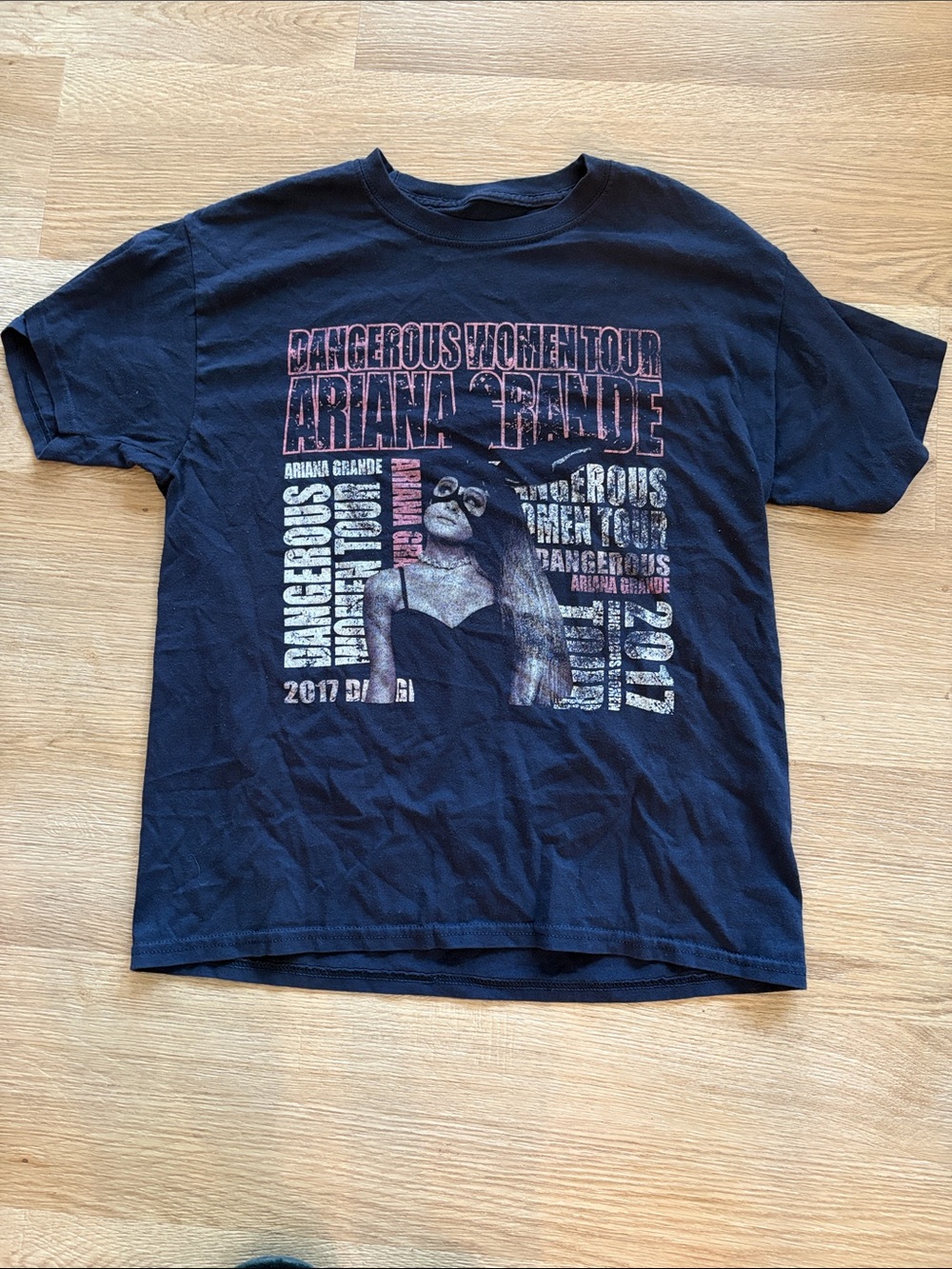 Ariana Grande Black Tour Graphic Tee with Pink & White Print